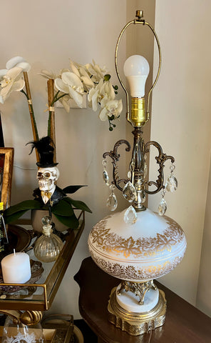 Vintage French Opaline Lamp w/ Gold Filigree & Marble Base