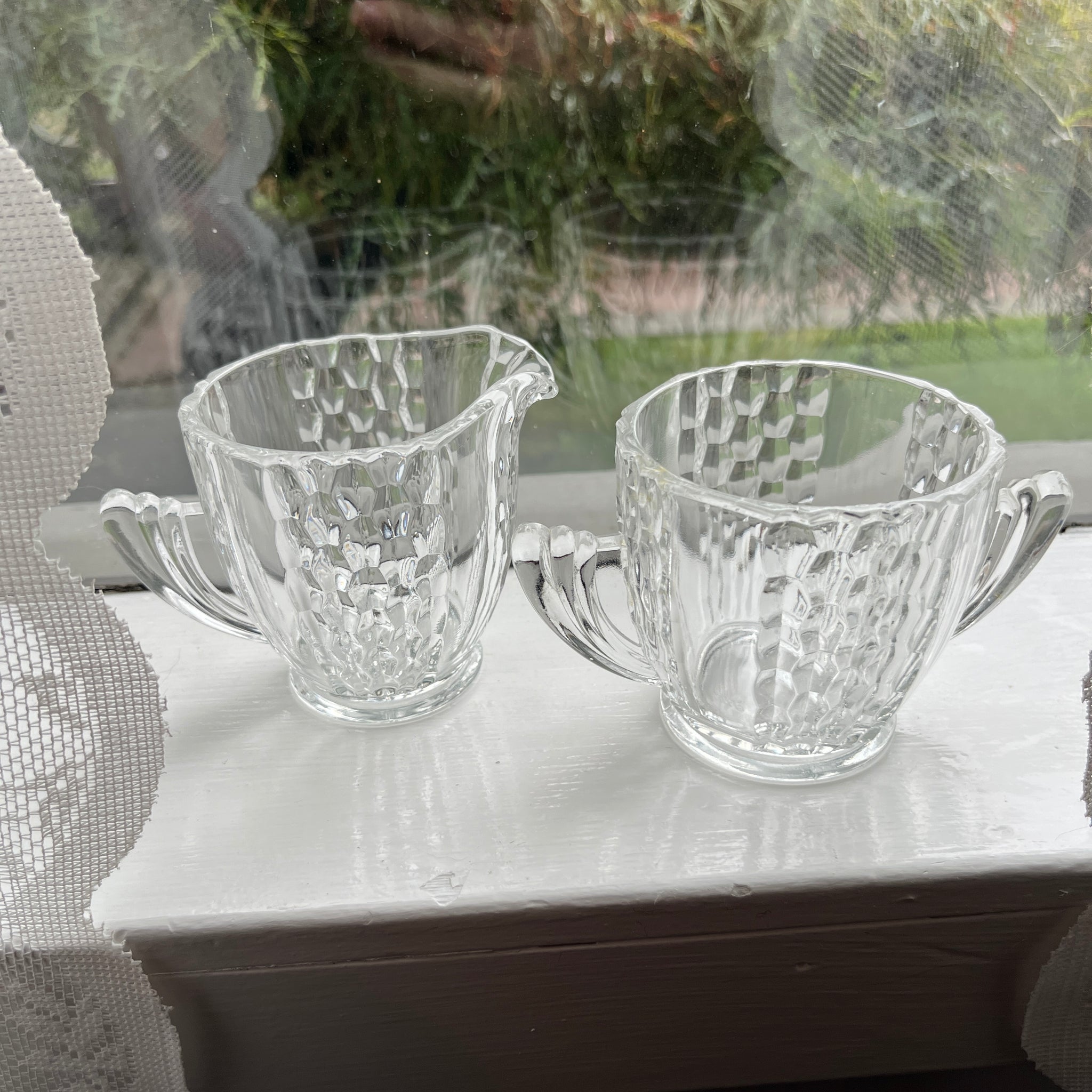 Vintage Art Drco Pattern Depression Glass Sugar & Creamer Set