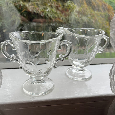 Vintage Fostoria Creamer and Open Sugar Bowl Set, Sprite Cut #823 Leaves