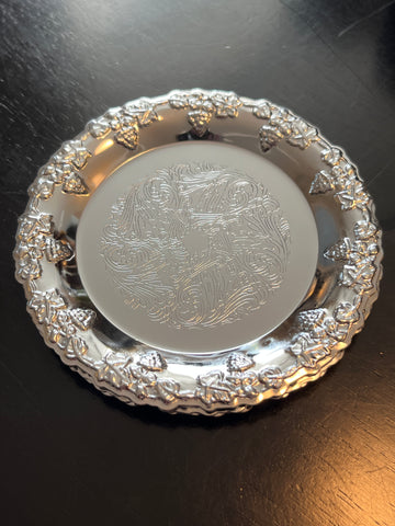 Vintage Ornate Silver Plated Coaster w/ Scalloped Grape Edges 4"