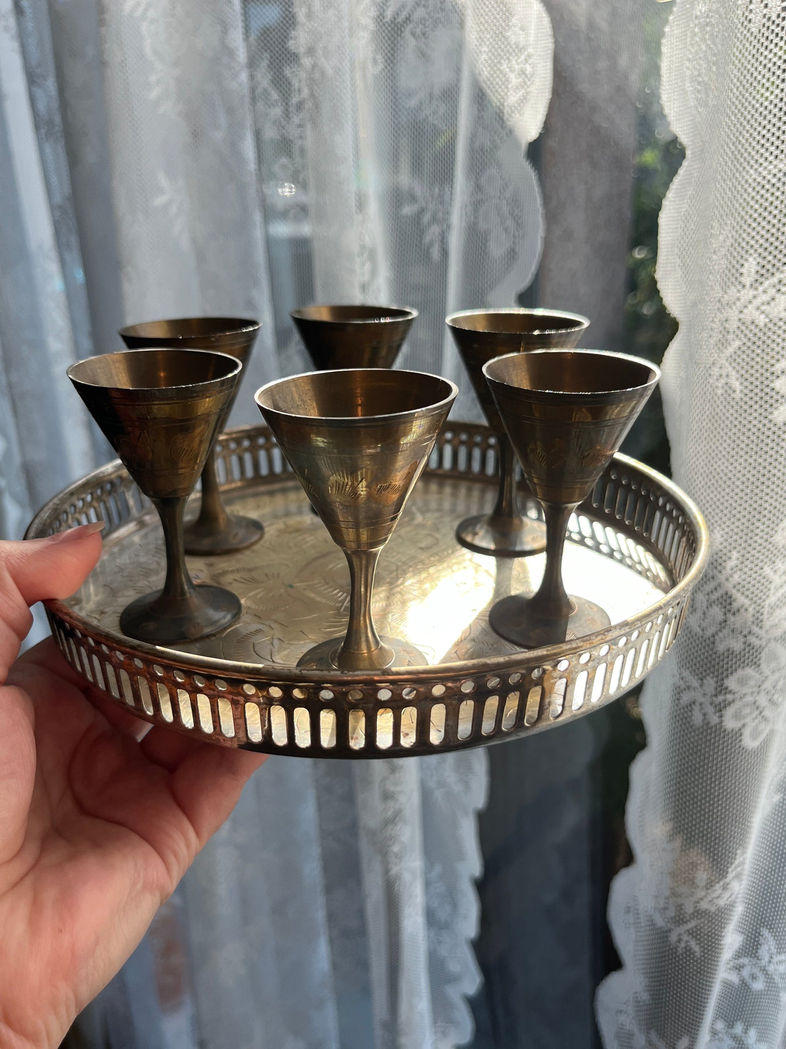 Vintage Indian Brass Tray w/ 6 Cordial Cups