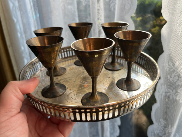 Vintage Indian Brass Tray w/ 6 Cordial Cups