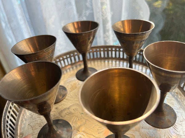 Vintage Indian Brass Tray w/ 6 Cordial Cups