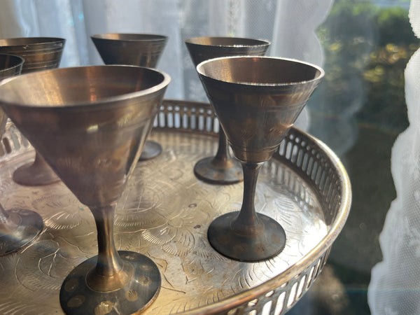 Vintage Indian Brass Tray w/ 6 Cordial Cups