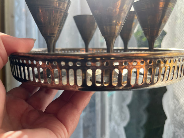 Vintage Indian Brass Tray w/ 6 Cordial Cups