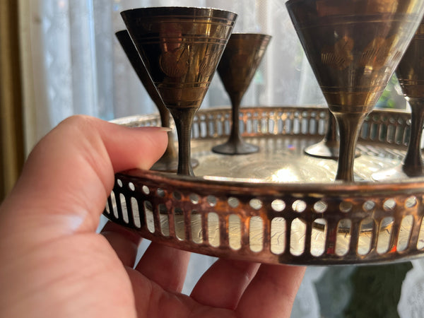 Vintage Indian Brass Tray w/ 6 Cordial Cups