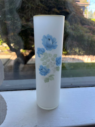 Vintage White Satin Glass Flower Vase w/ Floral Design & Gold Trim