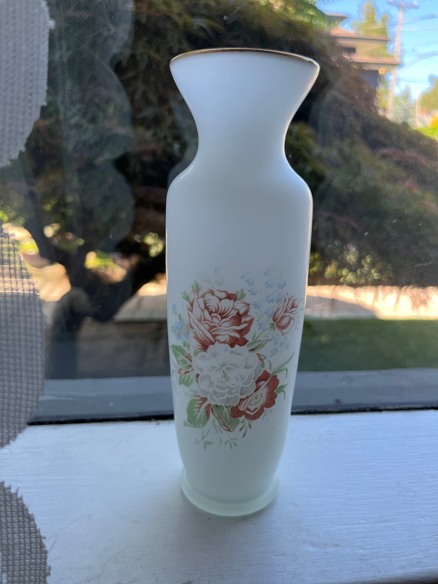 Vintage White Satin Glass Flower Vase w/ Floral Design & Gold Trim