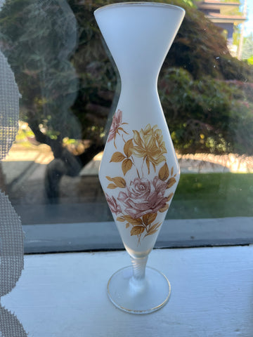 Vintage White Satin Glass Diamond Flower Vase w/ Floral Design & Gold Trim