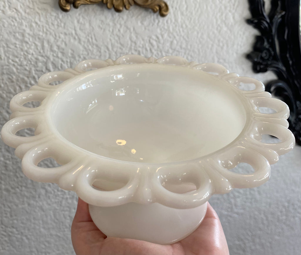 Anchor Hocking Milk Glass Ruffled Lace Edge Compote 7 – The